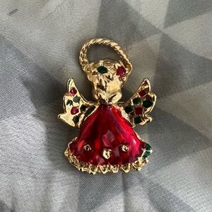 Vintage Angel Brooch Pin Gold Red Green Enamel Holiday Christmas Jewelry Gift